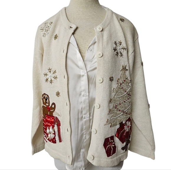 Winter Wonderland Vintage Embroidered Knit Cardigan in Cream and Red Size Med - Picture 2 of 12